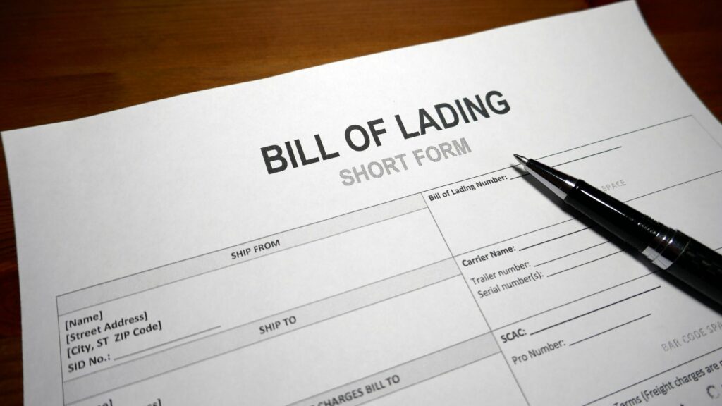 A close-up image of a Bill of Lading short form document on a wooden surface. The form includes sections for the shipper's and consigner's details, with a black pen placed on the document's right side.