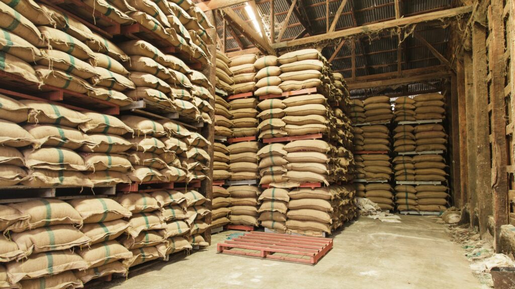 A warehouse with high stacks of burlap sacks filled with what appears to be grain or similar material, neatly arranged on wooden pallets. The area is well-lit, revealing a concrete floor and a corrugated metal roof. A single empty pallet is on the ground.