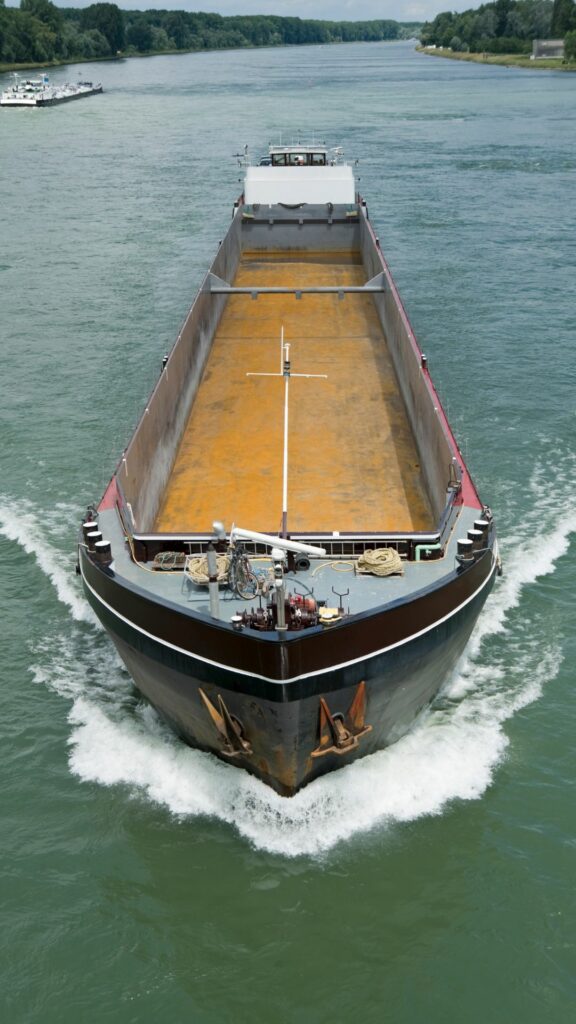 A large, empty cargo barge travels down a river during the daytime. The barge has rust on its bow and anchors, with a clear deck area. The riverbanks are lined with greenery and the water is calm. Other vessels can be seen in the background.