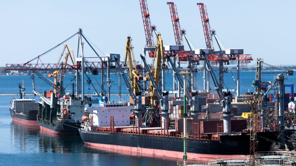 A busy port featuring multiple cargo ships docked and being loaded or unloaded with containers by cranes. The backdrop includes the blue sea and several more cranes and containers, indicating ongoing maritime shipping operations.